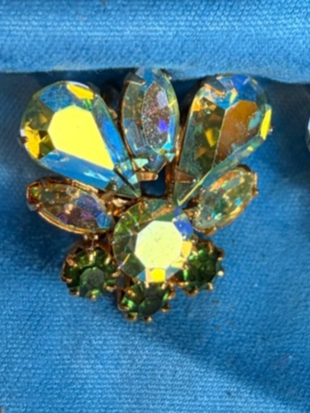 Vintage Aurora Borealis Rhinestone Clip On Ear Blue Green Iridescent
